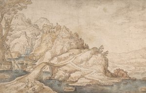 Paysage Vallonné avec Rivière, Pont et Maisons avec Deux Personnages à Gauche
