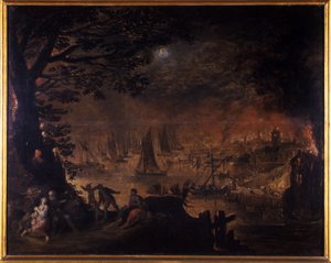 Ville en flammes au bord de la mer - Joos or Josse de Momper