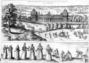 Arrivée de la reine Élisabeth I à Nonesuch Palace et hommes et femmes de la société Tudor, 1582