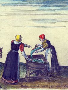 Poissonnières vendant et éviscérant des brochets, 1598 (détail) - Joris Hoefnagel