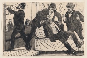 Un homme poignardant un autre homme dans la poitrine tandis que ses associés pillent un magasin, ca. 1890-1891