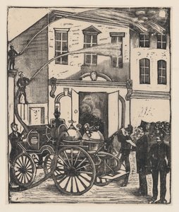Pompiers éteignant un incendie dans une maison, camion de pompiers au premier plan, vers 1880-1910 - José Guadalupe Posada