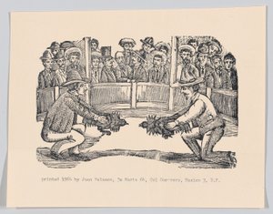 Deux hommes dans une arène tenant des coqs en préparation pour un combat, vers 1890-1910 réimprimé 1964 - José Guadalupe Posada