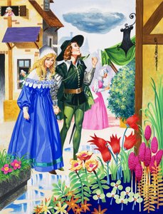 Couple admirant des fleurs (gouache sur papier)
