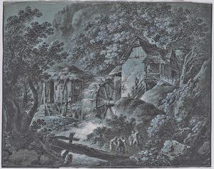 Moulin dans un paysage forestier avec plusieurs personnes et un géant