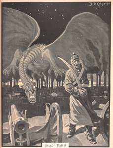 Dessin pour le poème "Comme la nuit". Un dragon produit par la fumée des usines, derrière un soldat allemand. Une scène surréaliste
