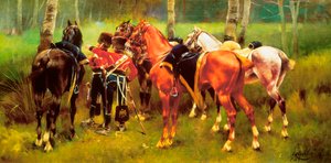Groupe de hussards et de chevaux dans la forêt - Josep Cusachs y Cusachs