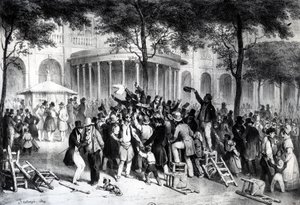 Lecture des décisions publiées dans le journal Moniteur dans les jardins du Palais Royal à Paris, le 26 juillet - Joseph Louis Hippolyte Bellange
