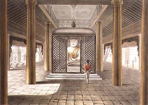 Un soldat debout dans un temple de Rangoon, gravé par George Hunt