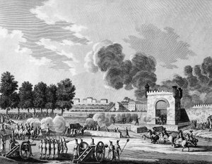 Révolution française : Fête républicaine des victoires, combat de jeunes étudiants au Champ de Mars à Paris le 21 octobre 1794. Gravure de Malapeau d