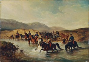 Cavalerie française dans le bain des chevaux