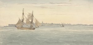 Brigantin seul (?) Un autre navire à voile contre la silhouette de la ville en arrière-plan - Joseph Cartwright