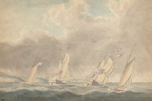 Deux sloops de guerre, une barque et une goélette (?), poupes en avant, en mer agitée; plusieurs voiliers en arrière-plan