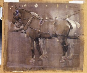 Chevaux de fiacre à la lumière du gaz - Joseph Crawhall