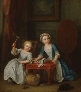 Deux enfants de la famille Nollekens, probablement Jacobus et Maria Sophia, jouant avec une toupie et des cartes, 1745 - Joseph Francis Nollekens
