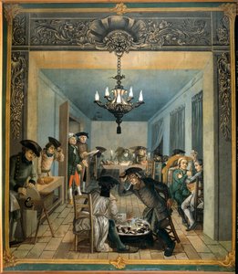 Manufacture de tissu indien des frères Wetter : atelier de préparation des planches et couleurs. Peinture de Joseph Gabriel Rossetti (18ème siècle). 1764 Orange, musée Municipal