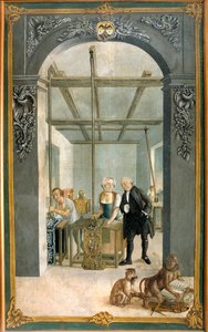 Manufacture de tissu indien des frères Wetter : ouvriers passant par la grille des toiles imprimées. Peinture de Joseph Gabriel Rossetti (18ème siècle). 1764 Orange, Musée Municipal