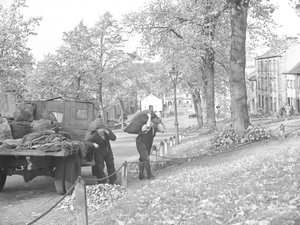 Camion dans la rue avec deux charbonniers transportant des sacs de charbon