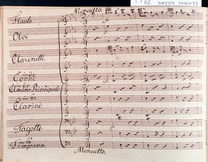 Première page de la partition musicale du menuet dans la Symphonie 66 en si bémol majeur par J Haydn - Joseph Haydn
