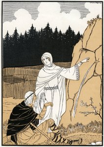 La légende de Sainte Odile (Odile de Hohenbourg, ca. 662- ca. 720) tirant une source du rocher - Illustration de Joseph Kuhn Regnier (Kuhn-Regnier) (1873-1940) pour "Legendes et contes d