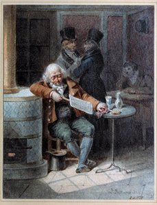 Lecture de la Gazette : vieil homme endormi dans un café lisant le journal « La Gazette » en 1824. Lithographie de Joseph Louis Hippolyte Bellangé (1800-1866) 1824 Paris, Musée Carnavalet