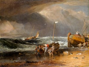 Scène côtière de pêcheurs tirant un bateau à terre, ou La Seapiece d