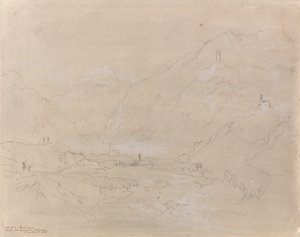Paysage montagneux avec ville dans la vallée, c.1840