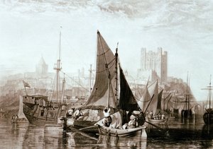 Chaland de la Tamise transportant du foin, un ponton-prison et d