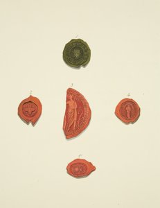 Cinq sceaux de Robert Atwaller, sceau inconnu, Margaret Mewyrk, Prieure de Sainte Marie-Madeleine et John Vrell