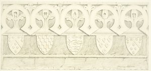 Frise gothique et armoiries dans la salle de la sacristie de la cathédrale de Bristol