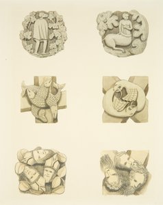 Six pierres de voûte au plafond en entrant par la porte nord de la cathédrale de Bristol