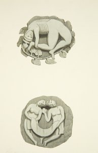 Deux pierres de voûte au plafond en entrant par la porte nord de la Cathédrale de Bristol - Joseph Manning