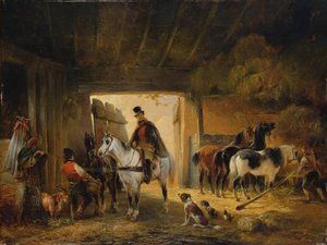 Un cavalier abreuvant son cheval dans une écurie, 1840 - Joseph Moerenhout