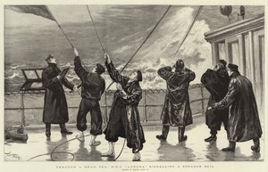À travers une mer agitée, H M S Aurora signalant une voile étrange