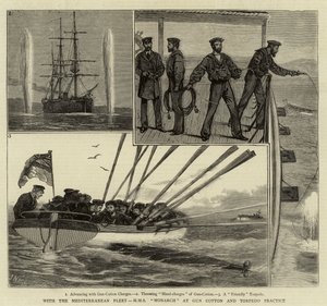Avec la flotte méditerranéenne, H M S Monarch à la pratique du coton-poudre et des torpilles