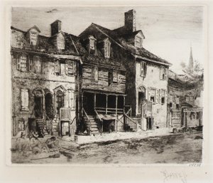 Balayeurs de rue, vieilles maisons - Joseph Pennell