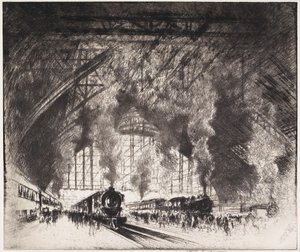 Les trains qui arrivent et les trains qui partent, Pennsylvania Railroad, Philadelphie, 1919 - Joseph Pennell