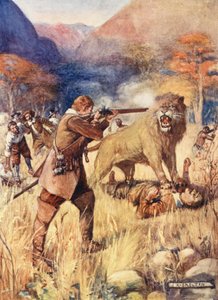 Un grand lion a sauté sur un des hommes