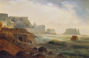 Côte près de Naples avec château et pêcheurs tirant des filets - Joseph Rebell