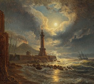 Phare dans le port de Naples au clair de lune