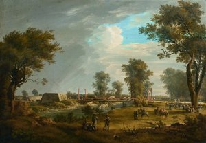 Scène des guerres napoléoniennes : Pont à Lobau avec infanterie française - Joseph Rebell