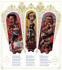 Caricatures : Empereur Meiji du Japon ; Maurice Barrès, écrivain et homme politique nationaliste français ; Jean Jaurès, homme politique français - Joseph Sirat