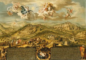 Vue de Bethléem avec le voyage des mages, la Trinité au-dessus et la Nativité dans une cartouche peinte en dessous, 1752 - Joseph Stephan