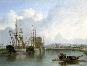 Description des docks de Bristol (Angleterre), avec des navires Indiaman commerçant et transportant du bois américain, et des charges de bois flottant sur l
