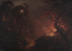 Cottage en feu la nuit