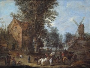 Scène de village avec des voyageurs, des charretiers et de nombreux autres personnages dans leurs activités quotidiennes - Joseph van Bredael