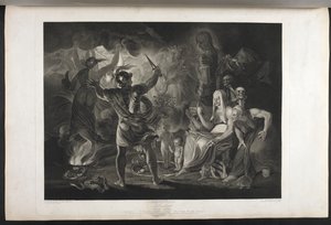 Macbeth. Acte IV. Scène I. Une grotte sombre. Au milieu un chaudron bouillant. Trois sorcières. Macbeth. Hécate. Macbeth fait face aux sorcières et aux apparitions; à ses pieds, à l