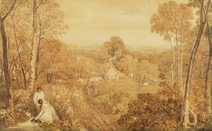 Paysage boisé avec cottages et paysannes, Hurley, Berks, 1818 - Joshua Cristall