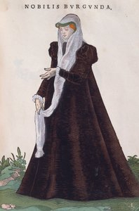 Noble bourguignonne en costume traditionnel, gravure de Habitus praecipuorum popularum - Jost Amman