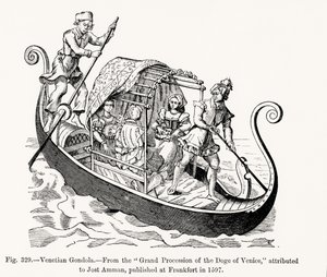 Gondole vénitienne, de la Grande Procession du Doge de Venise, illustration de Science et Littérature au Moyen Âge et à la Renaissance, écrit et gravé par Paul Lacroix, 1878 - Jost (after) Amman